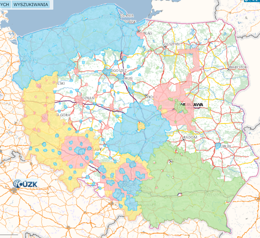 Dane w układzie wysokościowym PL-EVRF2007-NH (powyżej) – dane w nowym, aktualnie obowiązującym układzie wysokościowym, których aktualność przypada na: 2023 (zielone kafle), 2022 (niebieskie kafle), 2021 (żółte kafle), 2019 (różowe kafle).